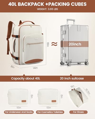 LOVEVOOK Travel Backpack for Women & Men 40L,Airline Approved Carry On Backpack Travel Essentials,TSA Carry on Luggage,Waterproof Personal Item Travel Bag,Suitcase with 3 Packing Cubes,Beige-Brown - color: Beige-brown, size: Large-40L-4Pcs