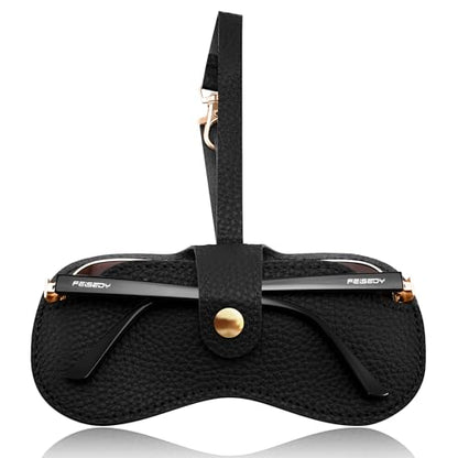 FEISEDY Soft Leather Sunglass Case-Slim Portable Glasses Holder with Button-Closure Wrist Strap for Travel & Outdoor B0308 - color: Black