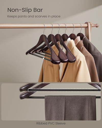 SONGMICS Extra Wide Wooden Suit Hangers, Set of 10 Clothes Hangers, Swivel Hooks, Non-Slip Bars, for Outfits, Suits, Coats, Shirts, Dresses, Mahogany UCRW050MZ01 - color: Mahogany