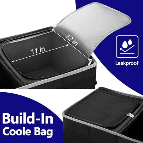 Trunk Organizer With Built-In Insulated Leak Proof Cooler Bag,Collapsible Cargo Organizer For Suv With Non Slip Bottom Strips,3 Large Compartments Foldable Waterproof Portable Car Storage Box - color: Black with Cooler Bag