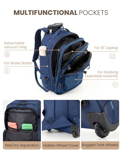 Fanwoli Rolling Vacuum Backpack Travel with One-Button Compression, 55L Expandable, Water Resistant Carry-On Suitcase Luggage, Ideal for Outdoor/Family/Trips - color: Blue