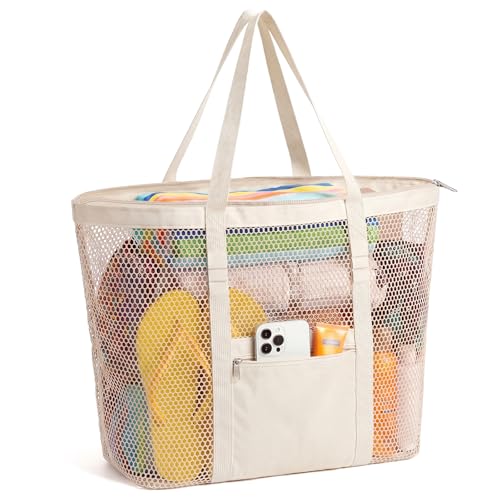 Dntorx Women's Mesh Beach Bag, Stylish Beach Tote for Swimming, Travel & Vacation Essentials, Lightweight Design for Poolside - color: Beige