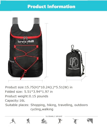 levayhill 16L Foldable Hiking Backpack,Small Packable Daypack,Black+Red | Lightweight ,Outdoor Collapsible Rucksack,Ultralight Folding Back Pack, Water Repellent, Men Women Travel Gym, Easy Carry-on - color: Black+red