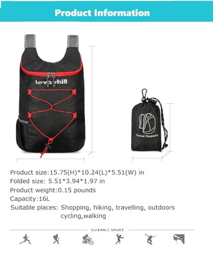 levayhill 16L Foldable Hiking Backpack,Small Packable Daypack,Black+Red | Lightweight ,Outdoor Collapsible Rucksack,Ultralight Folding Back Pack, Water Repellent, Men Women Travel Gym, Easy Carry-on - color: Black+red