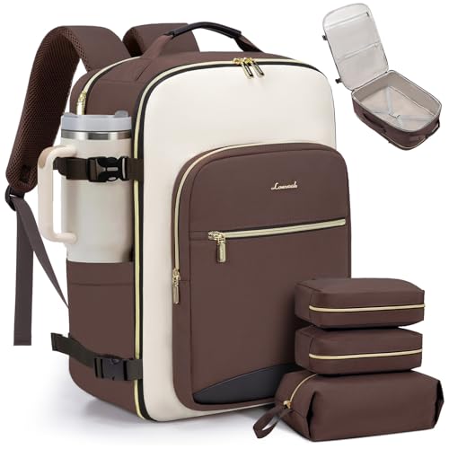 LOVEVOOK 50L Travel Backpack for Women & Men, Airline Approved Carry On Luggage with 3 Packing Cubes, TSA Overnight Bags, Waterproof Personal Item Bag, Weekender Essentials Backpacks fits 17" Laptop - color: Coffee-beige-black, size: X-Large