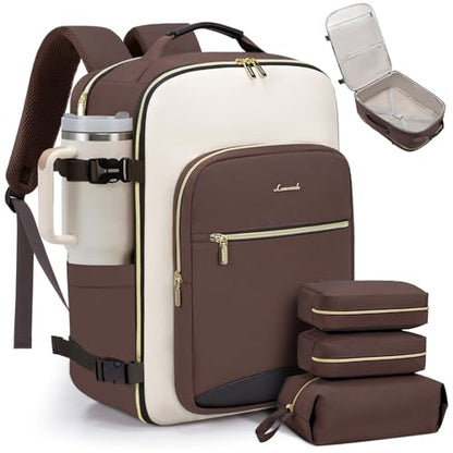 LOVEVOOK 50L Travel Backpack for Women & Men, Airline Approved Carry On Luggage with 3 Packing Cubes, TSA Overnight Bags, Waterproof Personal Item Bag, Weekender Essentials Backpacks fits 17" Laptop - color: Coffee-beige-black, size: X-Large