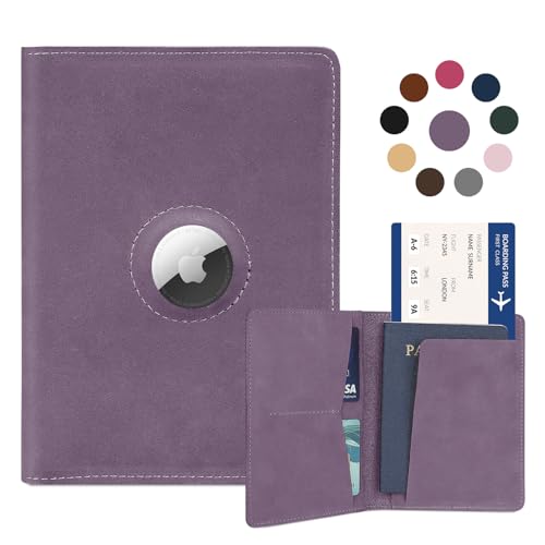 Airtag Passport Holder for Women Men Travel, Real Leather Passport Wallet, Handmade Passport Cover Case with Airtag Slot, Travel Must Haves Essentials Accessories Birthday Gifts (Crazy Horse, Purple) - color: Purple