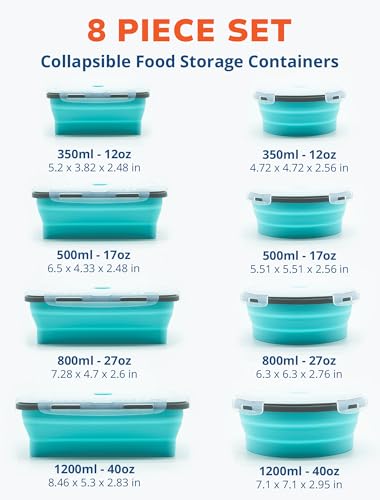 Lunememo 16 Pack Collapsible Silicone Food Storage Containers with Lids, Freezer & Dishwasher Safe, Foldable Lunch Box for Camper, Leftovers, Snacks, Meals, Blue