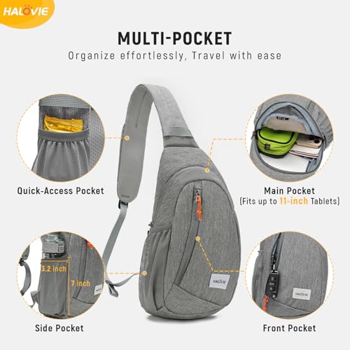 HALOVIE Anti Theft Crossbody Sling Bag RFID Travel Sling Backpack Lightweight Hiking Shoulder Chest Bag for Walking Work - color: Gray