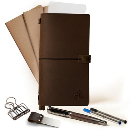 WANDERINGS Regular Size Travelers Notebook Bundle – 4.5" x 8.5" (11.5 x 22cm) – Genuine Leather Journal with Pen Holder, Pen, 2 Ink Refills, PVC Folder & Binder Clip - size: Standard