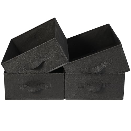 JAKAGO Fabric Storage Bins set of 4 Rectangle Storage Baskets with Handle Foldable Closet Organizer for Clothes Towel bedding Books Collapsible Clothing Container for Shelves Bedroom(Black Low)