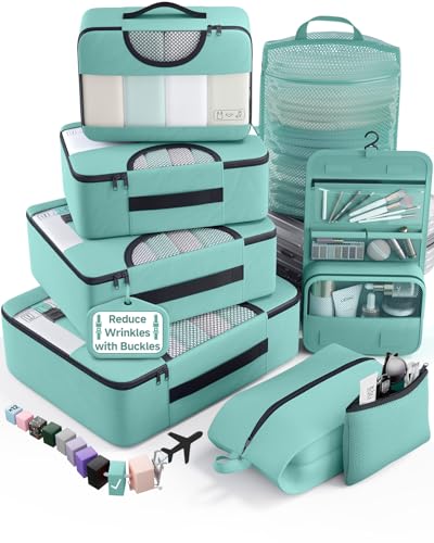 Veken 8 Set Packing Cubes for Travel Essentials, Suitcase Organizer Bags in 4 Sizes, Carry-On Luggage Accessories with Laundry Bag, Airplane Must Have, Gifts for Women Men - color: 08 Light Teal