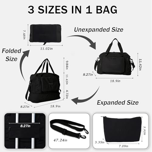 Travel Duffel Bag, 30–40L Expandable Weekender Bag with Shoe Compartment, Foldable Carry On Travel Bag with Wet Pocket and Matching Pouch - color: Black