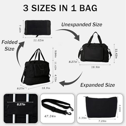 Travel Duffel Bag, 30–40L Expandable Weekender Bag with Shoe Compartment, Foldable Carry On Travel Bag with Wet Pocket and Matching Pouch - color: Black