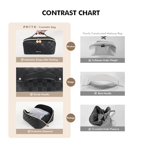 Prite Makeup Bag for Women Travel Waterproof Vegan Leather Cosmetic Bag Open Flat Toiletry Bag With Clear Divider and Handle (Plaid Black, Medium) - color: Plaid Black, size: Medium