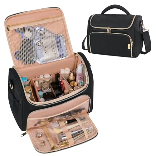 GR69N Travel Toiletry Bag Large Cosmetic Makeup Bag Organizer for Women,Wide-open Make Up Bag Waterproof Makeup Case Travel Bag with Handle and Dividers for Toiletries,Essentials,Accessories,Black - color: Classic Black, size: Large
