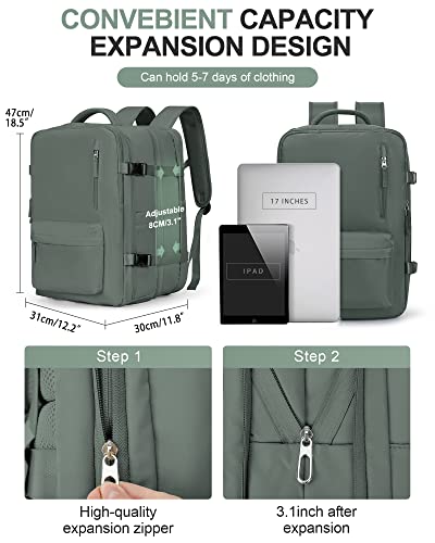 Large Travel Laptop Backpack, Expandable Flight Approved Backpack, Carry on Backpack for Women, Waterproof 17inch Laptop Hiking Backpack with Shoe Compartment, Dark Green - color: A14-darkgreen