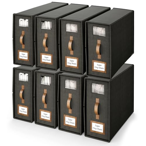8 Pack Foldable Bed Sheets Set Organizers and Storage(Cal King Size),Linen Fabric Closet Organizers with Window,Folding Bedding Storage Box for Bedsheets and Pillow Cube Organizer-Black - color: Black, size: 8 Pack-Cal King Size-5.2 Gal