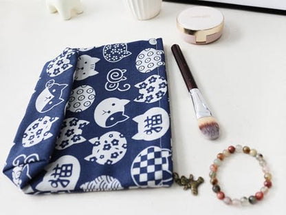 HAPPYHEIDI Canvas Makeup Bag, Cosmetic Travel Pouch, Kawaii Blue Cats, Cotton Blend, Animal Print, Zipper Closure, 7.1x2.4x7 Inches - color: GR-Canvas-Blue Cats