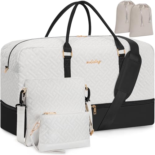 Weekender Bag for Women, 5 Pcs Set Carry on Overnight Bag, 21" Travel Duffel Bag with Waterproof Shoe Compartment for Weekend Travel Business Trip - color: Beige & Black, size: Large