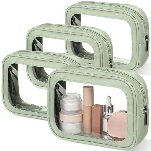 Abbylike 4 Pcs Green Clear Makeup Bag PU Leather Tsa Approved Toiletry Bag with Zipper Transparent Waterproof Portable Cosmetic Bags Travel Car Clear Organizer Bags for Women Girls Mother's Day - color: Green
