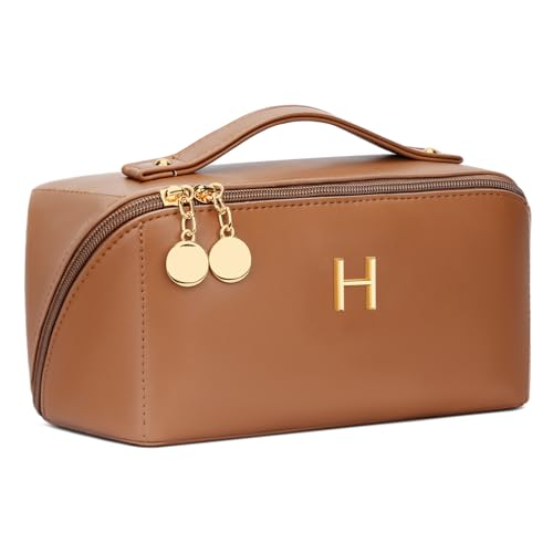 Initial Makeup Bag Gifts for Women Bridesmaid Gifts Travel Toiletry Personalized PU Leather Waterproof Cosmetic Bag (Medium-Brown-H) - color: MediumBrown, style: H