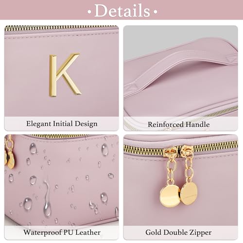 Personalized Initial Makeup Bag Gifts for Women, Large Travel Cosmetic Organizer with Handle & Divider, PU Leather Toiletry Bag for Girls, Birthday Bridesmaid Gift Set - Pink - K - color: Pink, style: K