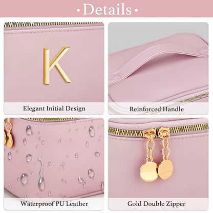 Personalized Initial Makeup Bag Gifts for Women, Large Travel Cosmetic Organizer with Handle & Divider, PU Leather Toiletry Bag for Girls, Birthday Bridesmaid Gift Set - Pink - K - color: Pink, style: K