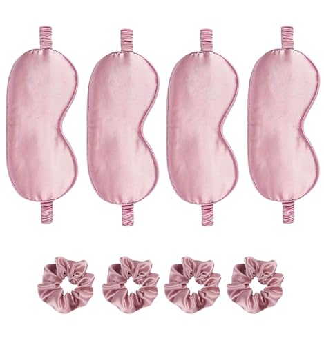 Satin Eye Mask 8Pcs Silk Sleep Masks Silky Blindfold Eyeshade Blackout Eyes Cover Scrunchies Hair Ties Travel Wedding Gifts - color: Sandalwood