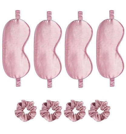 Satin Eye Mask 8Pcs Silk Sleep Masks Silky Blindfold Eyeshade Blackout Eyes Cover Scrunchies Hair Ties Travel Wedding Gifts - color: Sandalwood