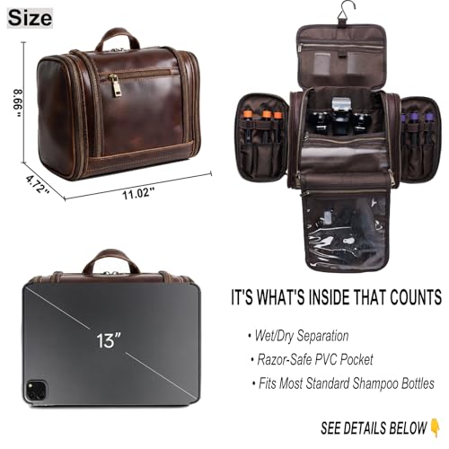 Toiletry Bag for Men Women, Travel Hanging Dopp Kit Organizer, Full Grain Leather Large Shaving Cosmetic Essentials, Gifts for Husband/Dad/Business Traveler, Fits Most Standard Bathroom Toiletries - color: DarkBrown