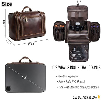 Toiletry Bag for Men Women, Travel Hanging Dopp Kit Organizer, Full Grain Leather Large Shaving Cosmetic Essentials, Gifts for Husband/Dad/Business Traveler, Fits Most Standard Bathroom Toiletries - color: DarkBrown
