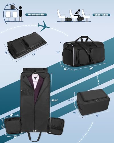 Smasrob 50L Convertible Garment Duffle Bag Backpack with Inner Removable Bag and Shoe Compartment, Travel Suit Bag for Business or Wedding Trips, Black