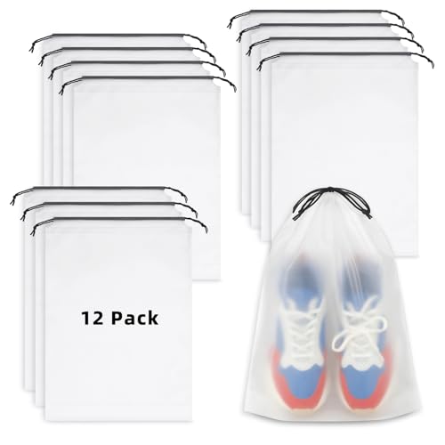 12 PCS Clear Shoe Bags for Travel, 11.8" x 15.7" Travel Shoe Bags for Storage and Packing, Waterproof Drawstring Shoe Bag for Traveling, Travel Essentials for Women and Men - color: Clear 12pcs