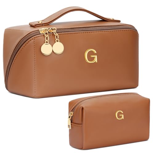 Birthday Gifts for Women Teen Girl, Personalized Initial Makeup Organizer Bag Set, Open Flat Travel Cosmetic Bag With Clear Divider and Handle(Brown,G) - color: Brown, style: G