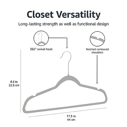 Amazon Basics Slim Velvet Non-Slip Space Saving Suit Clothes Hangers, Closet Organizer, Gray/Silver, 50-Pack - color: Gray/Silver, size: Pack of 50