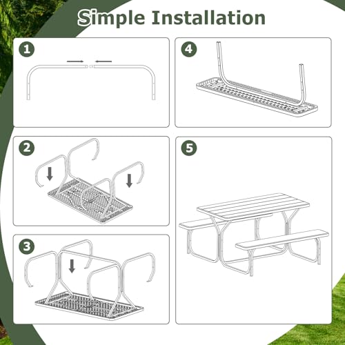 GYMAX Picnic Table, Picnic Bench Easy to Assemble w/All Weather Wood Grain Tabletop & Metal Frame, Picnic Tables for Outdoors Camping Backyard Deck Patio Poolside Dining Party - color: Green