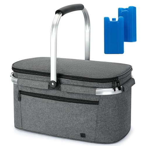ALLCAMP Picnic Basket - 2 Ice Box Included 32L Insulated Cooler, Thickening Foldable Picnic Basket with Removable Baskets & Sewn-in Frame, Basket for House Warming Gifts New Home(Smoke Gray) - color: Smoke Gray, size: Large