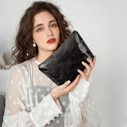 WLLWOO PVC Waterproof Makeup Bag Kraft Paper Cosmetic Bag Travel Toiletry Zipper Pouch Organizer for Women Purse - color: PVC-Black