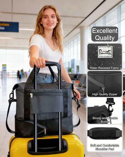 Foldable Travel Duffel Bag for Women, Black, Nylon | 40L Expandable, Carry on Bag Personal Item Flight Approved, Lightweight Water Resistant, Overnight Weekender Bag - color: Black
