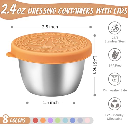 SANEXC 8 Pack - 2.4 Oz Small Salad Dressing Containers To Go, Leakproof Condiment Containers with Lids Reusable Stainless Steel Sauce Cups for Lunch Boxes Kitchen Storage Picnics Travel Meal Prep - color: 2.4 OZ-Multicolor