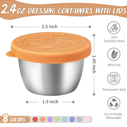 SANEXC 8 Pack - 2.4 Oz Small Salad Dressing Containers To Go, Leakproof Condiment Containers with Lids Reusable Stainless Steel Sauce Cups for Lunch Boxes Kitchen Storage Picnics Travel Meal Prep - color: 2.4 OZ-Multicolor