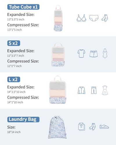 Narwey 6 Set Compression Packing Cubes for Travel Women Men, Travel Cubes for Carry On Suitcase, Durable Compression Luggage Organizer Bags - color: Y-Blue Flower