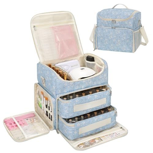 CUBETASTIC Extra Large Nail Polish Organizer Case Holds 86 to 100+ Bottles Nail Polish & Nail Lamp, Nail Supplies Storage Carrying Bag with 2 Removable Pouches, White Floral in Blue - color: White Floral in Blue, size: 86 Slots