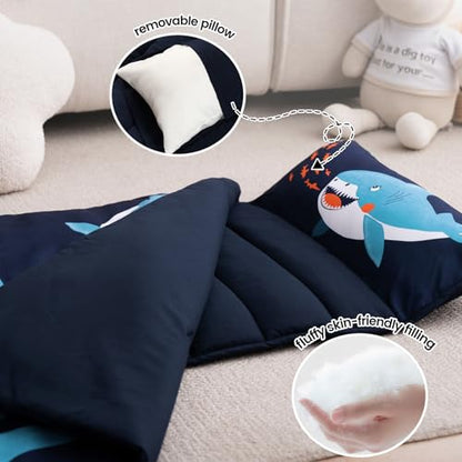 PHF Soft Toddler Nap Mat with Removable Pillow, Rollup Design Kids Sleeping Mat, Slumber Bags for Boys, 55"x23" Toddler Sleeping Bag for Daycare Preschool Travel Camping, Shark - color: Shark