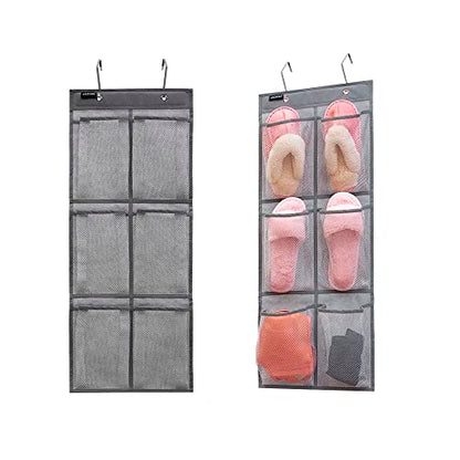 2 Pack Minimalist Black Over The Door Hanging Closet Shoe Holder Organizer with 6 Pockets (Mesh Pockets)