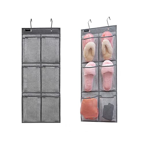 2 Pack Minimalist Black Over The Door Hanging Closet Shoe Holder Organizer with 6 Pockets (Mesh Pockets)