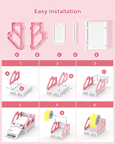 MUNBYN Label Holder for Rolls and Fan-Fold Labels, Thermal Sticker Roll Holder for Desktop Thermal Printer Shipping Supplies Industrial Paper, Pink - color: Pink and White