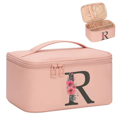 OCHEAL Initial Makeup Bag,Monogram Make up Bag Pink Travel Makeup Organizer Case Beauty Toiletry Cosmetic Bag with Brush Holder, Trendy Stuff Personalized Gifts for Women and Girls-R - color: Pink, style: R