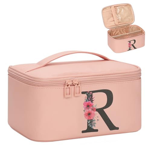 OCHEAL Initial Makeup Bag,Monogram Make up Bag Pink Travel Makeup Organizer Case Beauty Toiletry Cosmetic Bag with Brush Holder, Trendy Stuff Personalized Gifts for Women and Girls-R - color: Pink, style: R